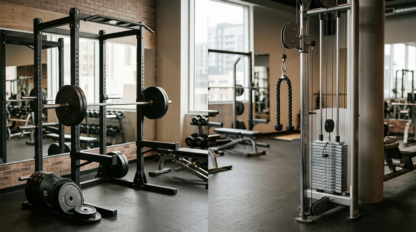 A wide gym shot framed like a diptych: a loaded barbell on a power rack on the left, a chrome cable machine with a rope attachment on the right, soft natural window light