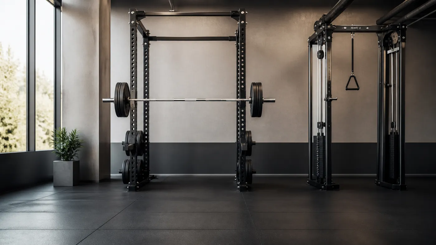 A calm, uncluttered gym with a barbell rack and cable station ready for a focused session