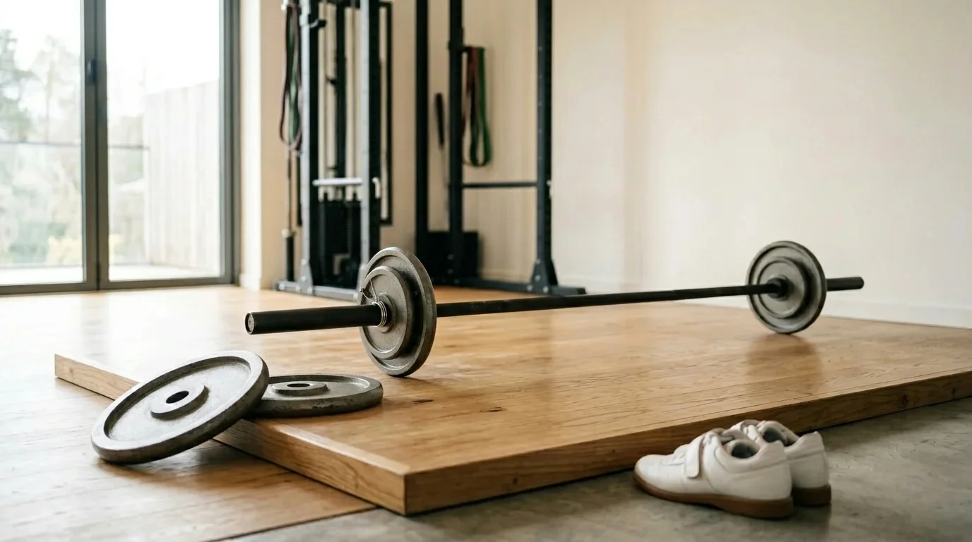 Barbell loaded with light plates and additional plates set aside, ready for a progressive warm-up ramp