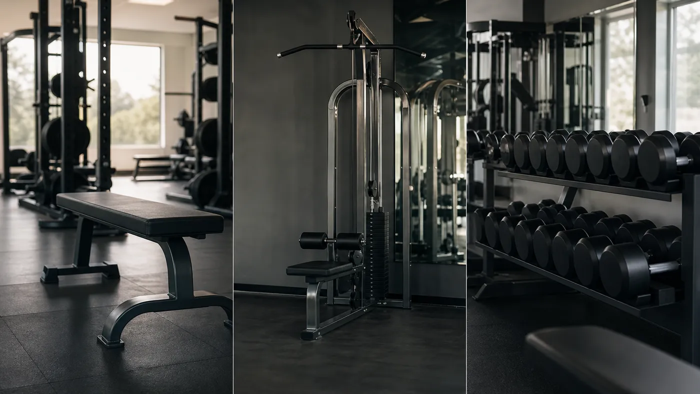 A gym bench, cable station, and dumbbell rack arranged as planned exercise substitution options