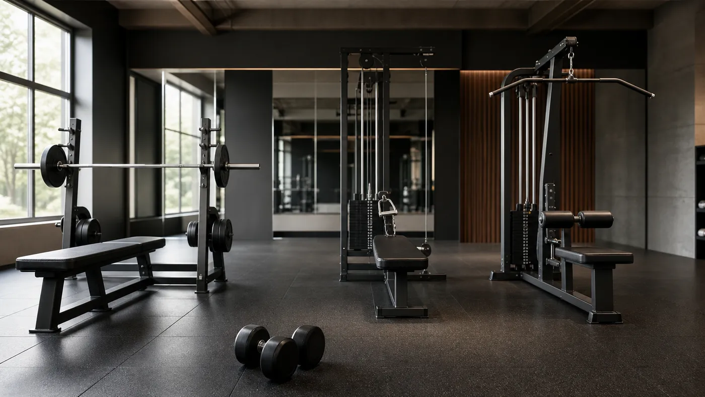 An empty gym with bench press, cable row, lat pulldown, and dumbbell stations arranged for upper-body training