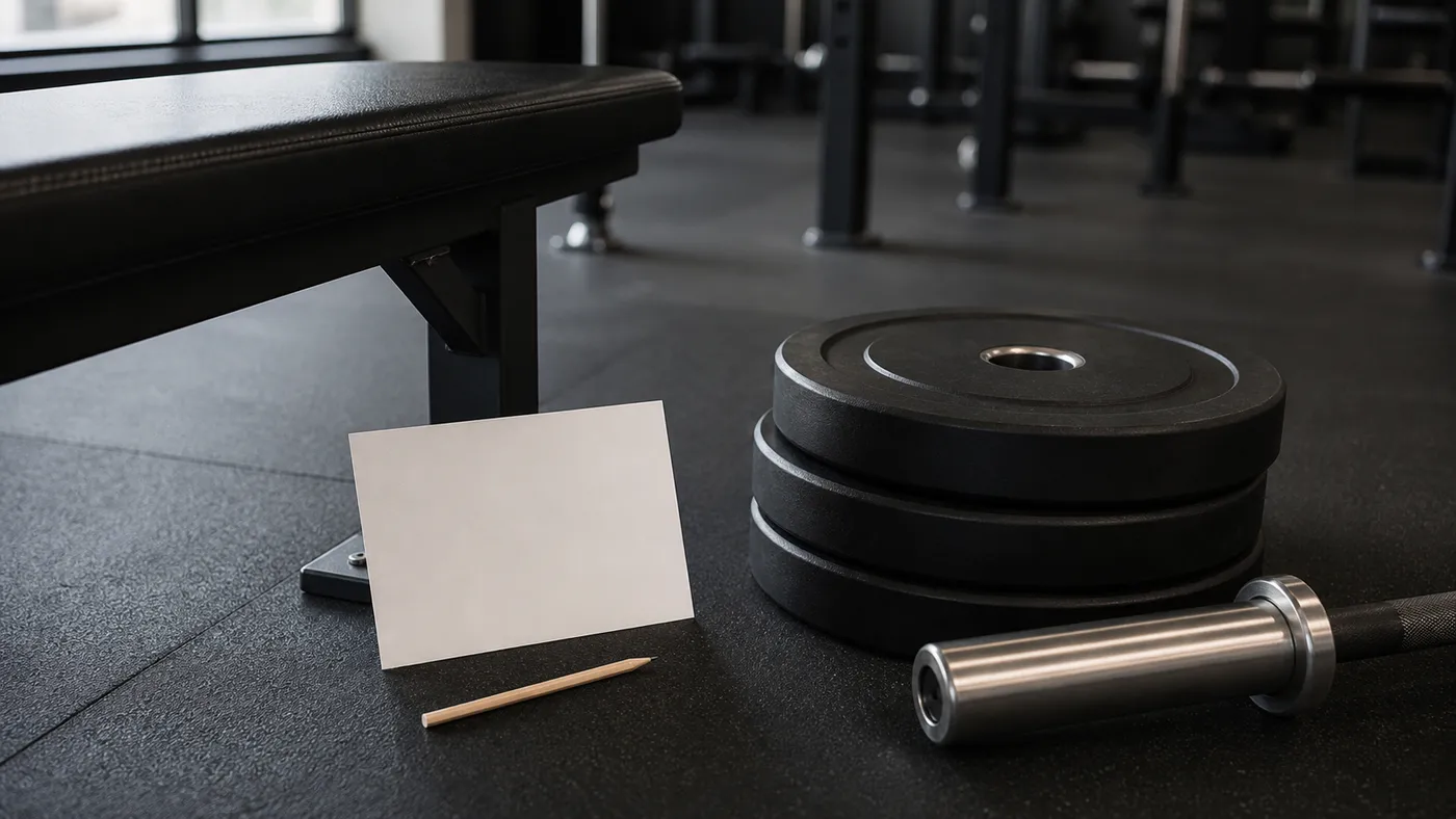 Blank workout target card beside a barbell sleeve and stacked black plates on a gym floor