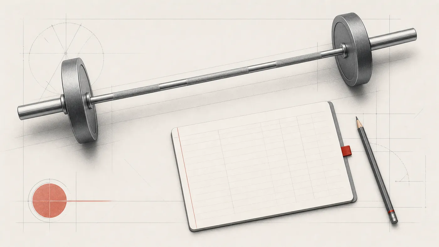 Blueprint-style illustration of a barbell, blank training card, and pencil on an off-white drafting surface