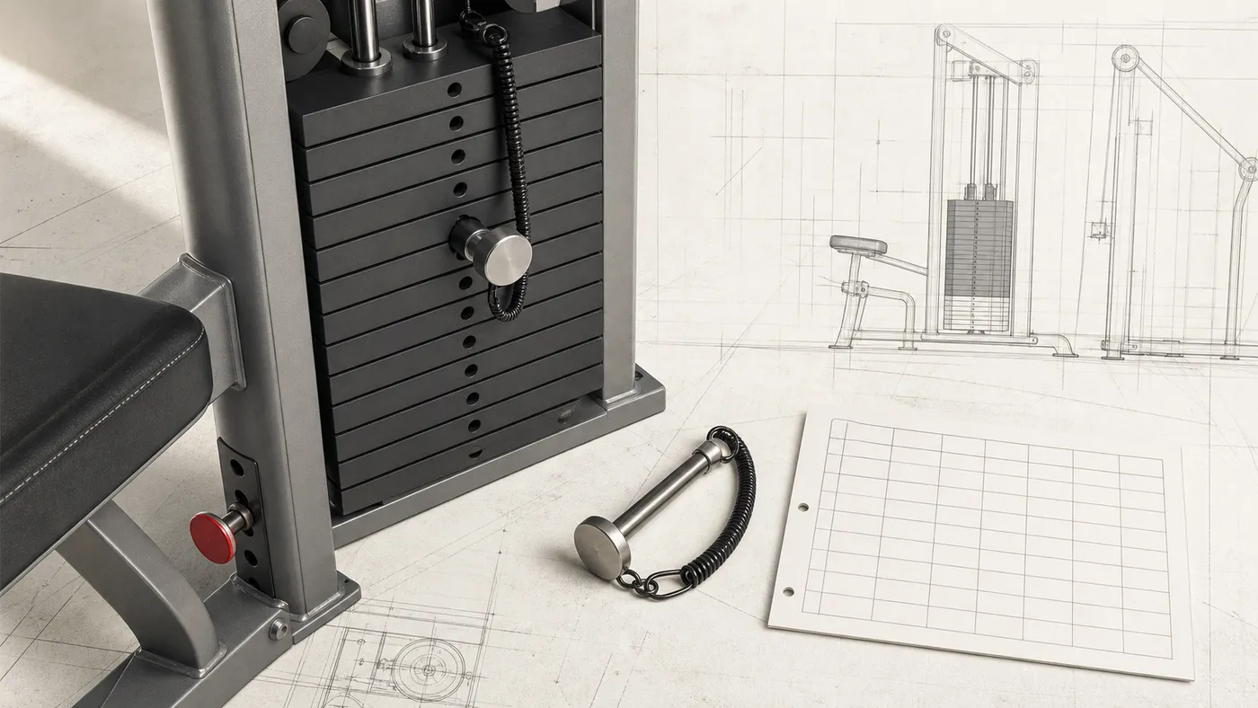 A selectorized machine weight stack, adjustment pins, and a blank training log in a technical blueprint-style composition