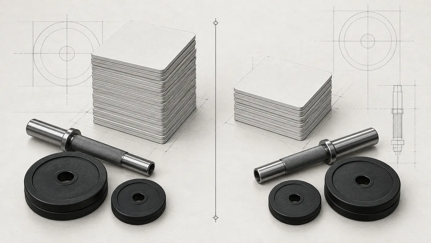 Blueprint-style illustration of two different stacks of blank set cards beside barbell sleeves and unmarked plates