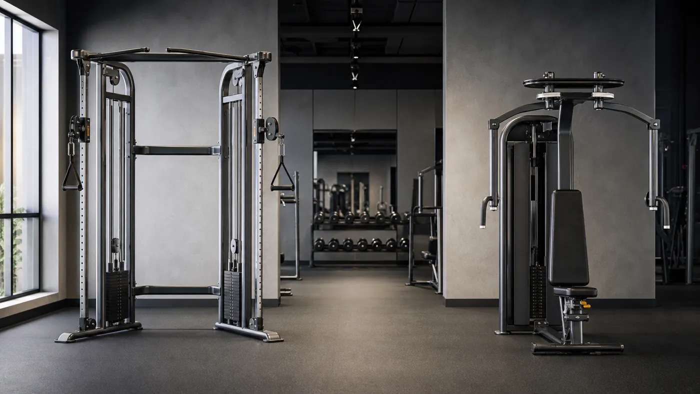 A cable crossover station and a pec-deck machine arranged side by side in a quiet gym