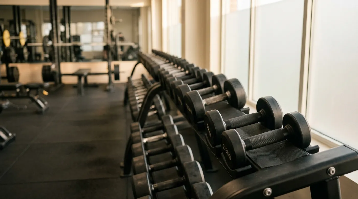 A rack of dumbbells arranged from lighter to heavier in morning gym light