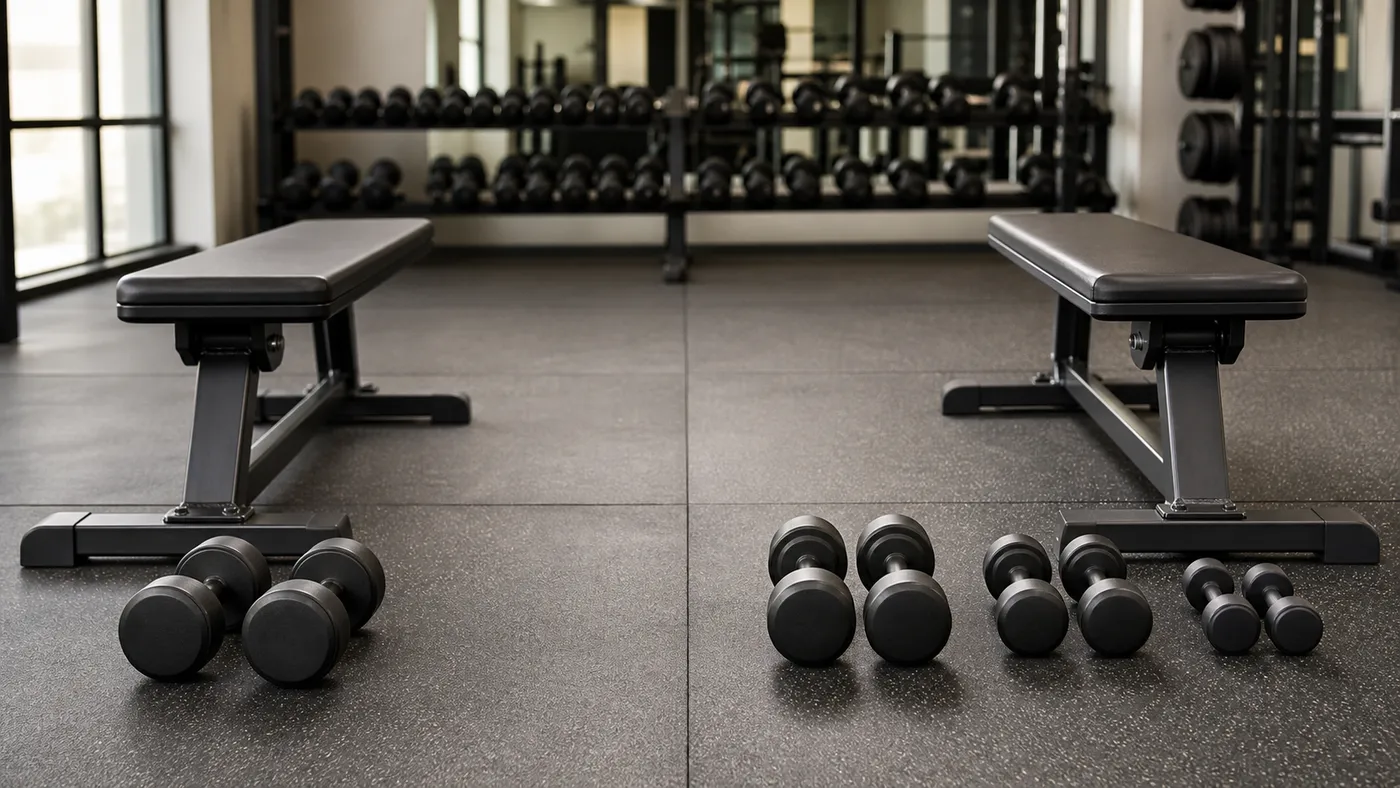 One pair of dumbbells and three descending pairs arranged beside benches in a quiet gym