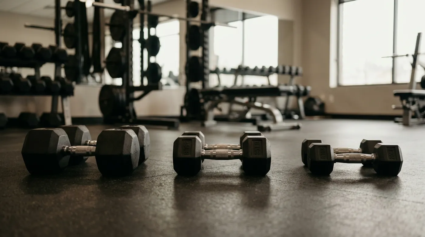 Three pairs of dumbbells arranged from heavier to lighter on a gym floor, ready for a drop set
