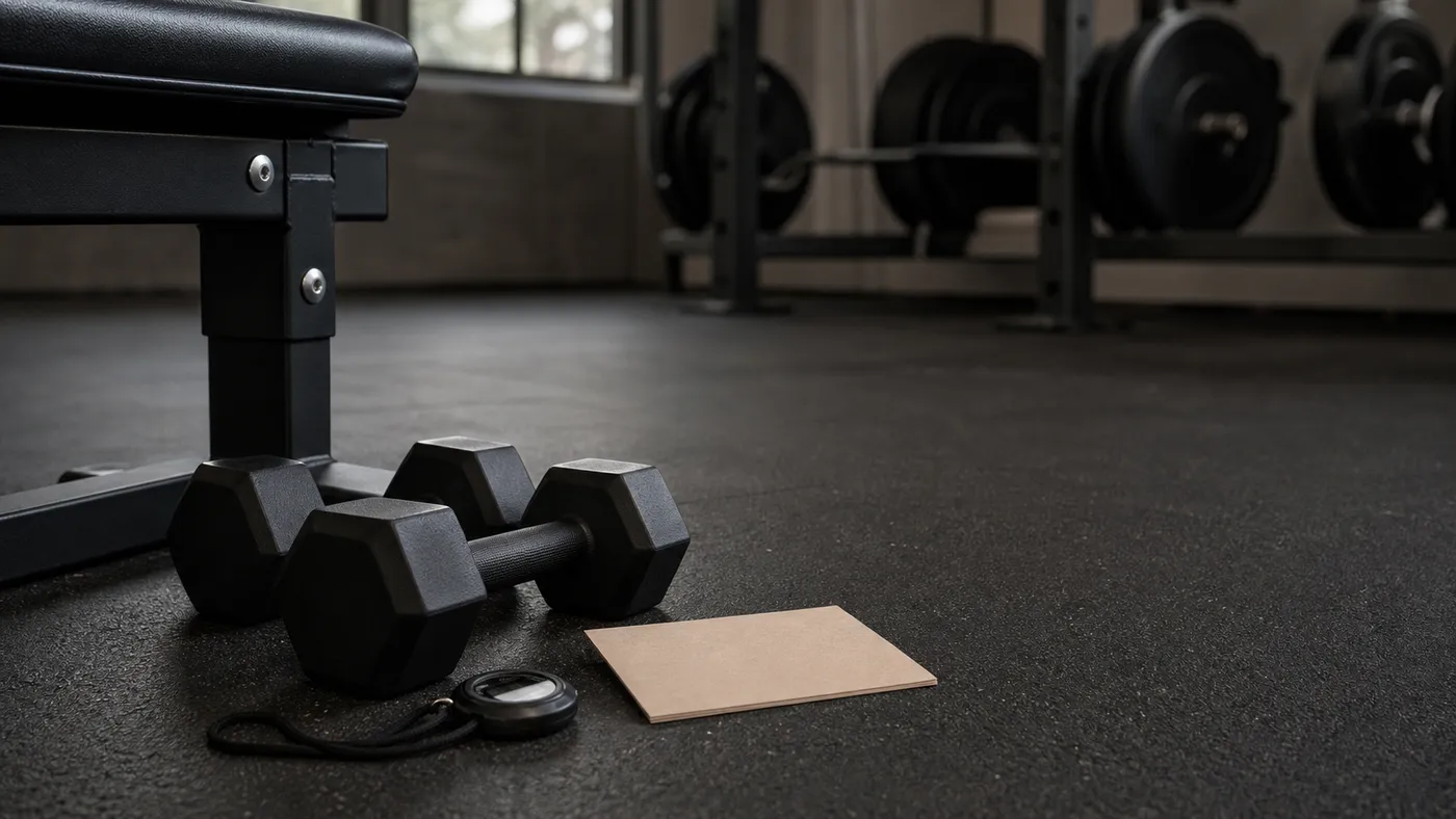 Two unmarked dumbbells, a stopwatch, and a blank card beside a gym bench