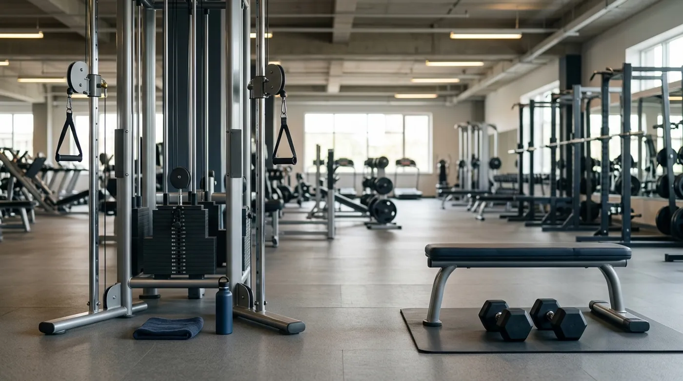 An empty bench with dumbbells beside an unavailable cable station in a quiet commercial gym