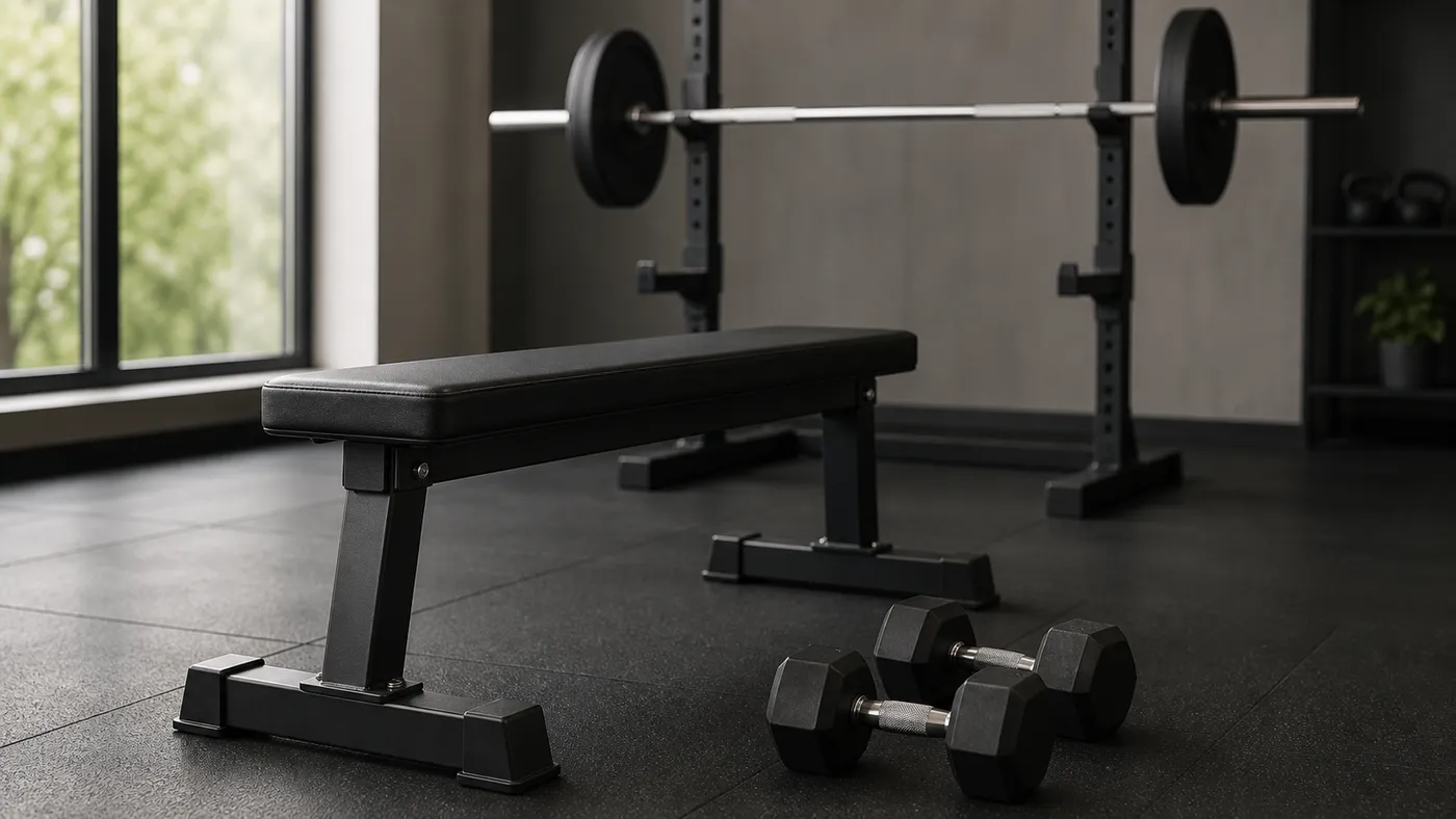 Flat bench, cable station, dumbbells, and squat rack arranged across a quiet gym