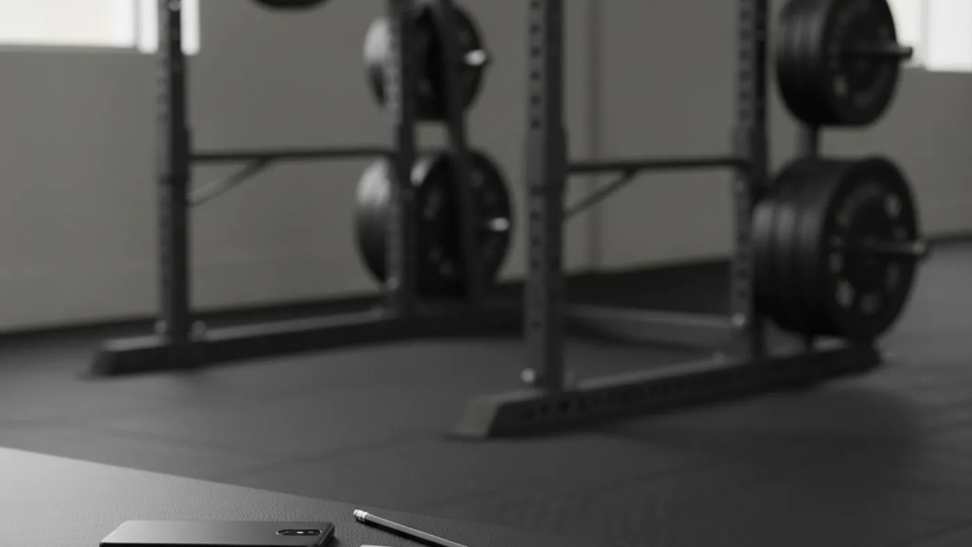 A face-down phone and pencil on a gym bench with a racked barbell blurred in the background