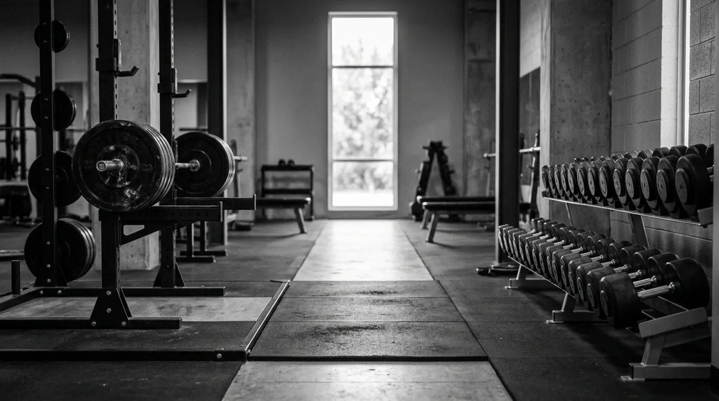 A symmetrical black-and-white gym scene with a loaded barbell on the left and a rack of dumbbells on the right, divided by a center walkway