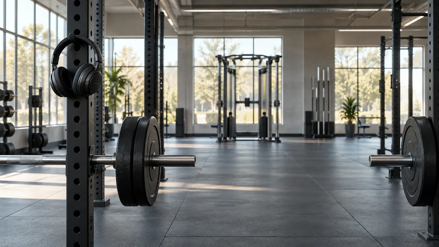 Plain black headphones hanging from a squat rack beside an unmarked barbell in a quiet sunlit gym