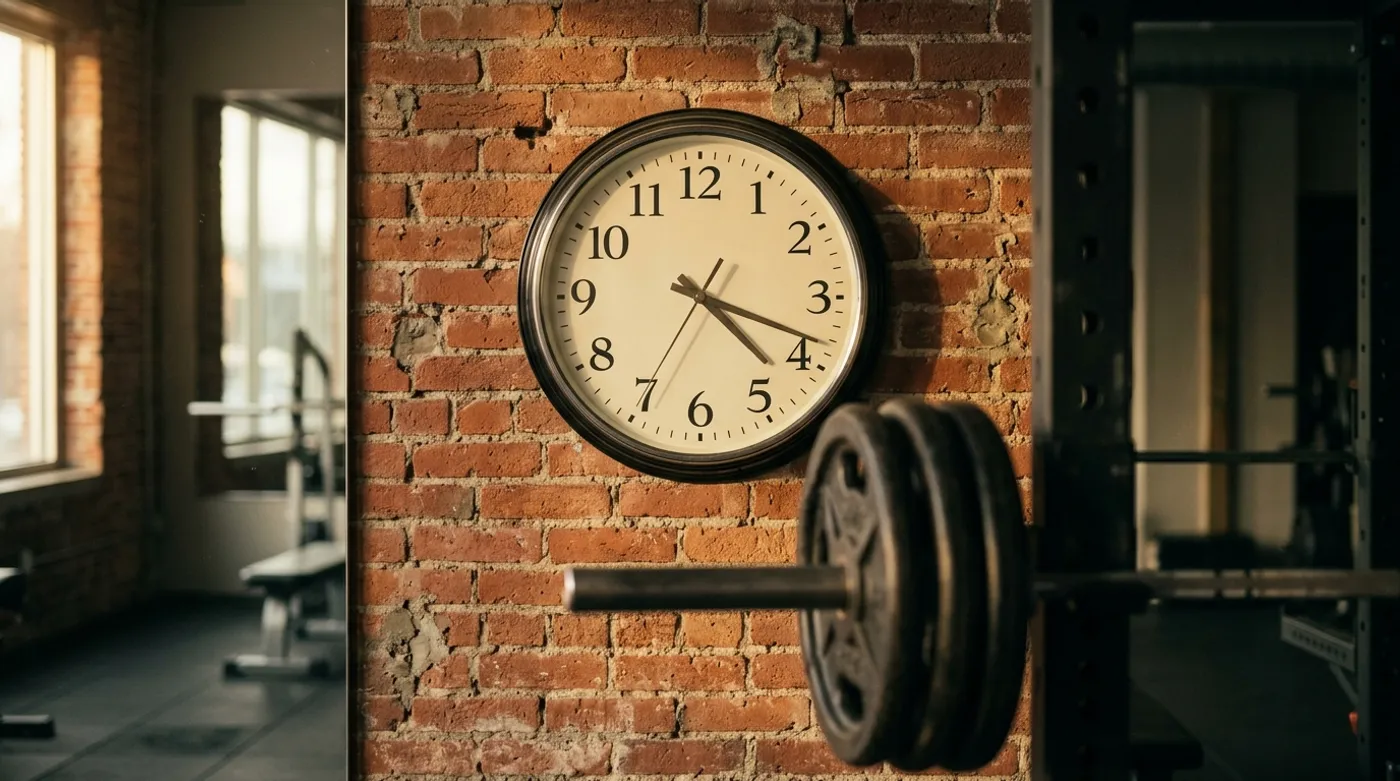 A round analog wall clock on a brick gym wall with a loaded barbell on a power rack in the foreground, lit by warm afternoon window light