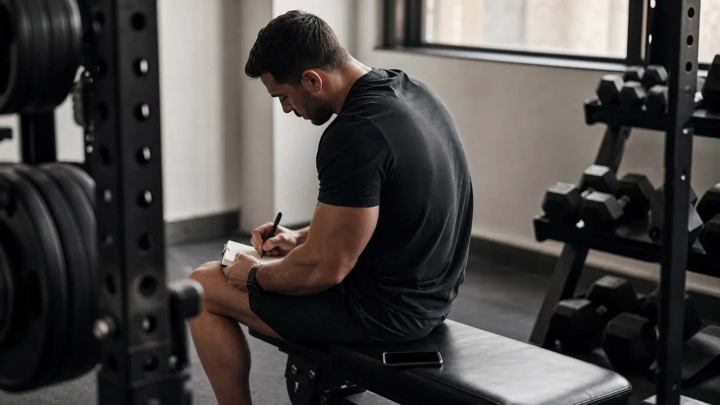 A lifter writing a form cue in a notebook beside a phone on a gym bench
