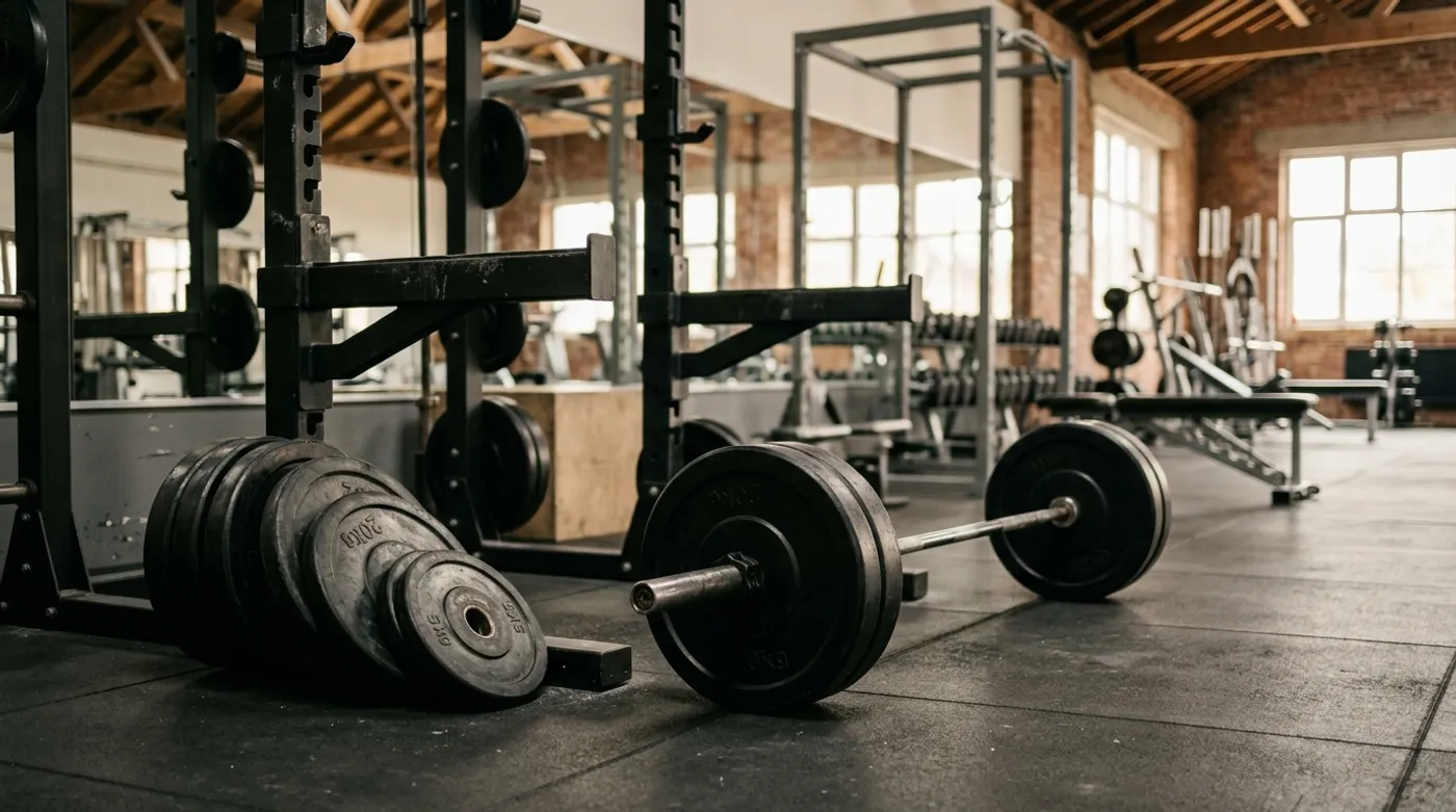 A loaded barbell on the floor with extra plates nearby in a gym rack area