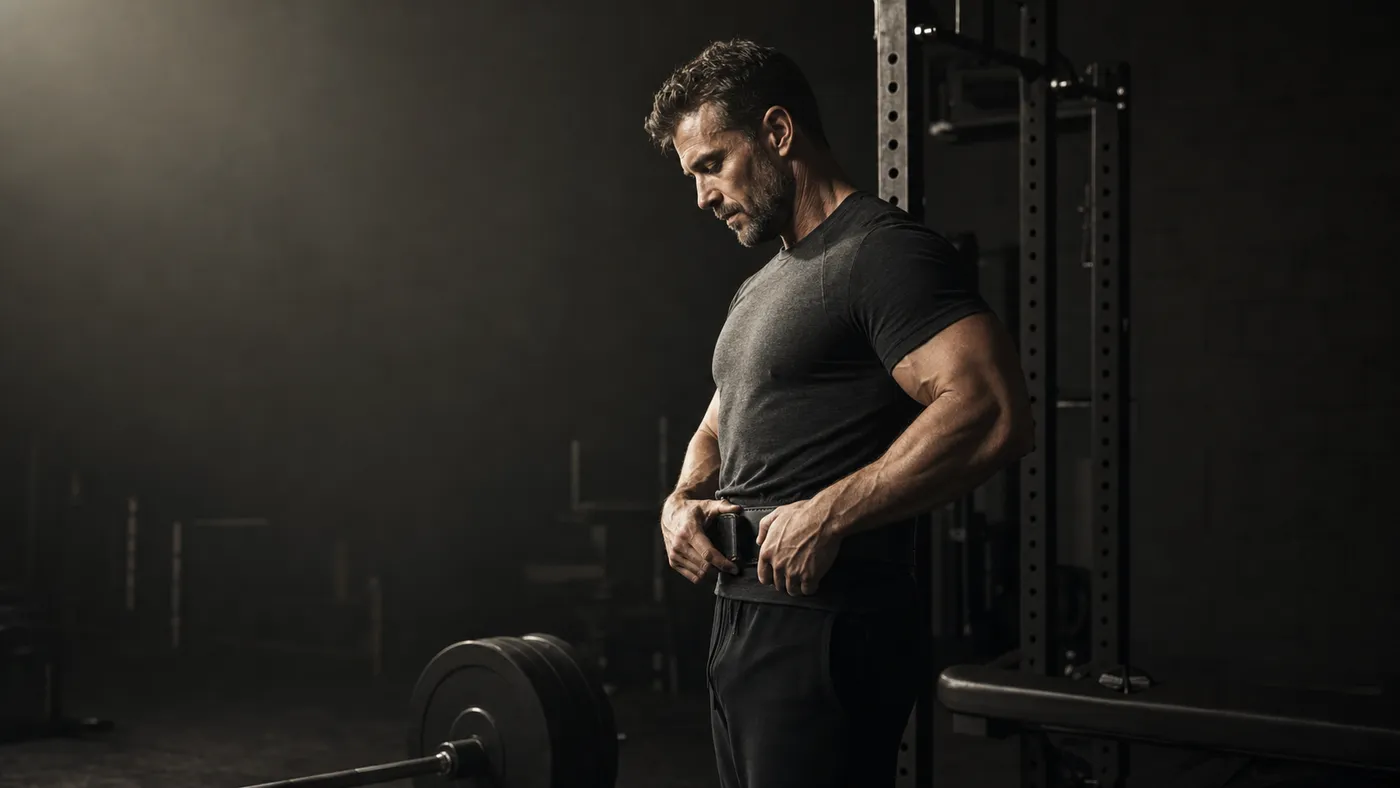 A muscular man adjusting a plain black lifting belt beside a squat rack before a heavy set