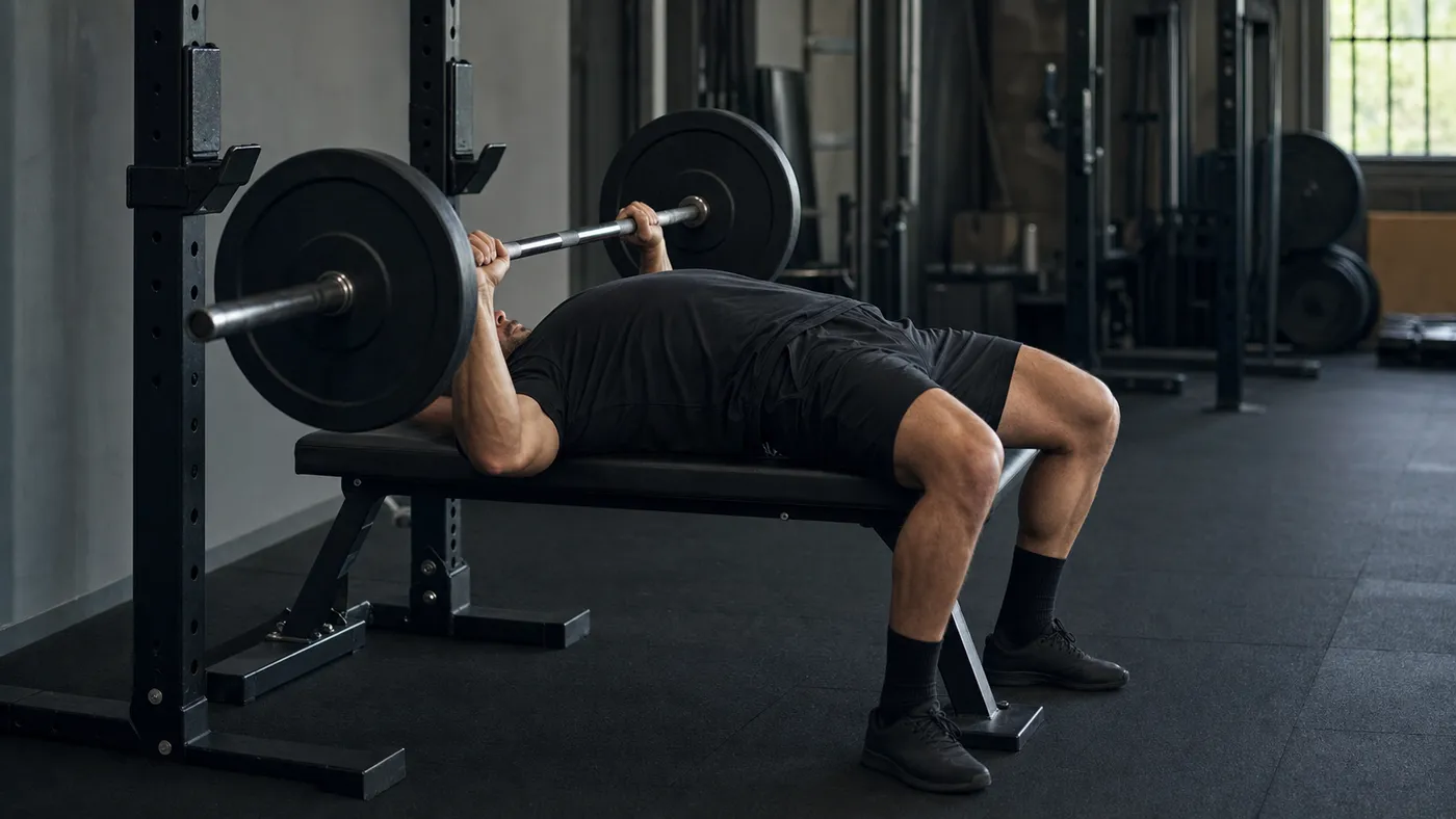 A muscular man bench pressing with planted feet in a quiet gym