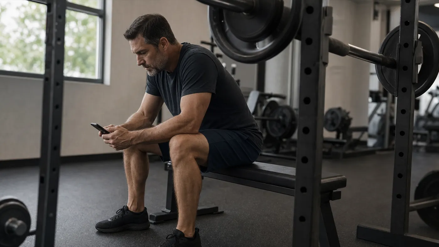 A man reviewing workout history on his phone while seated on a gym bench