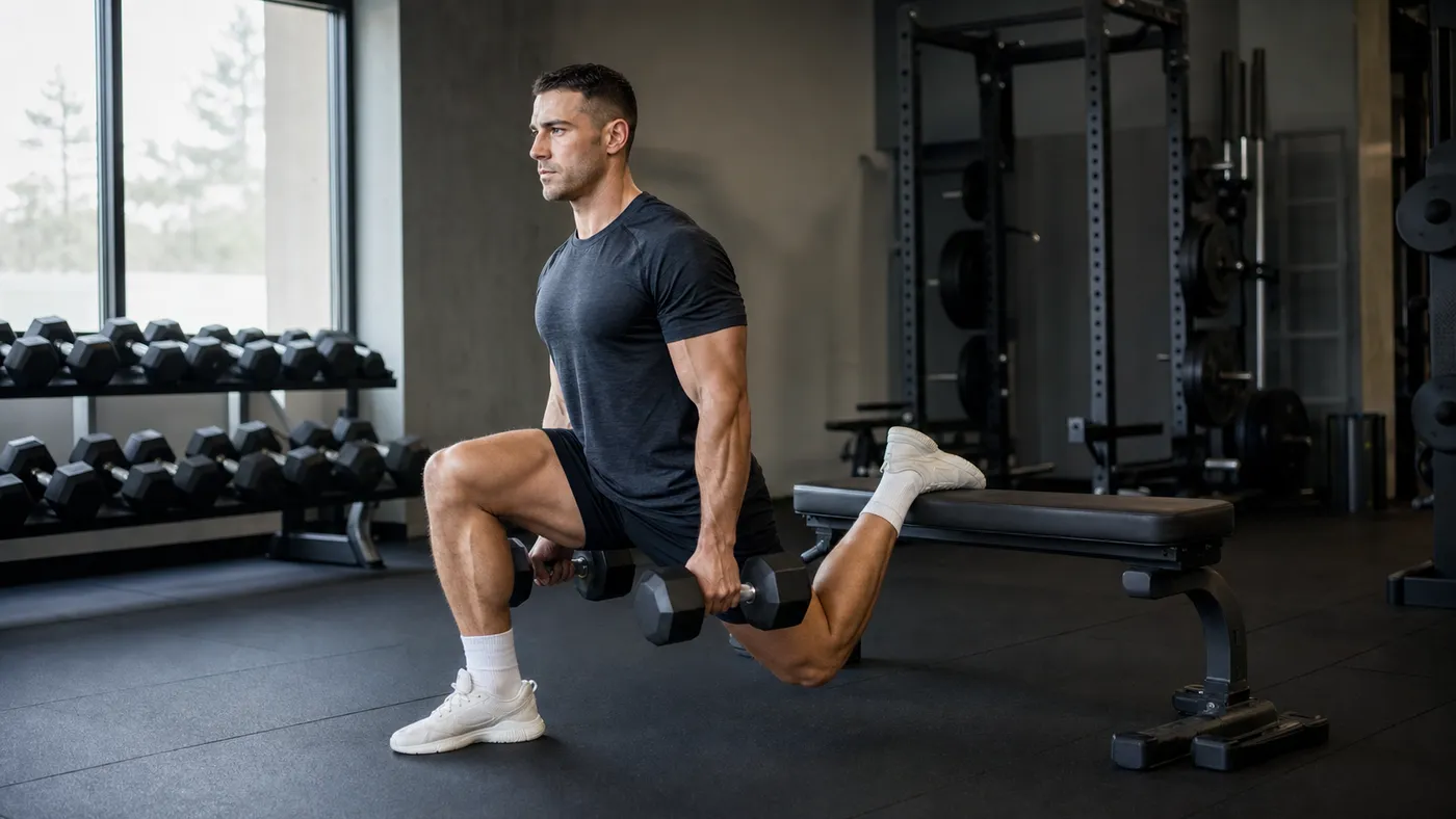 A lifter performing a Bulgarian split squat with dumbbells beside a bench