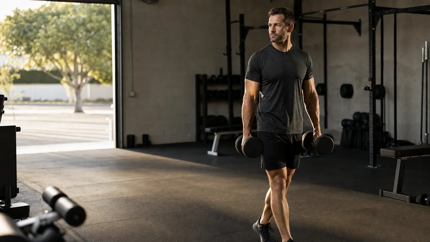 Man carrying dumbbells through a quiet gym in late-afternoon light