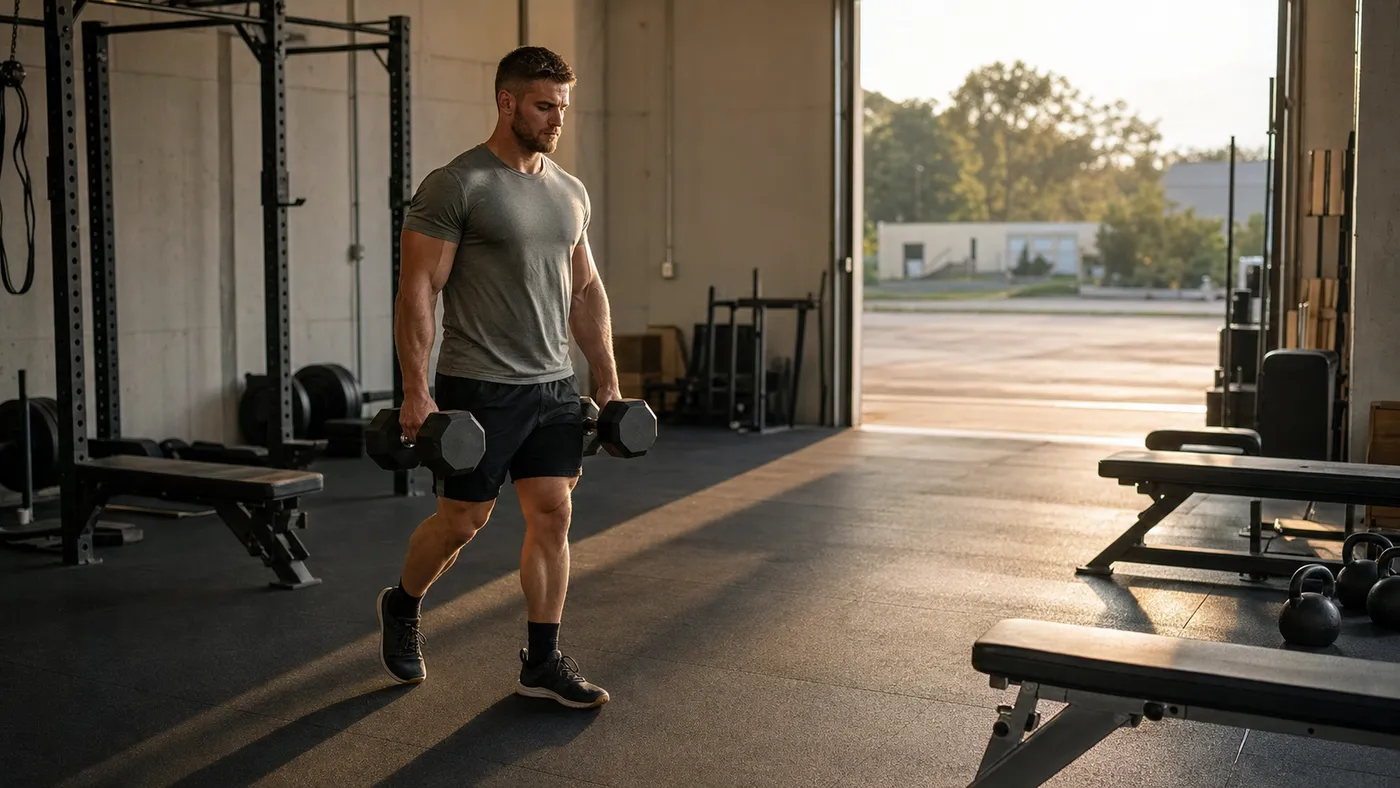 Muscular man carrying dumbbells across a quiet gym near an open garage door in late afternoon light