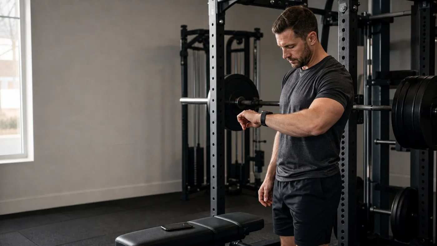 Muscular man checking an Apple Watch beside a power rack between sets in a quiet gym