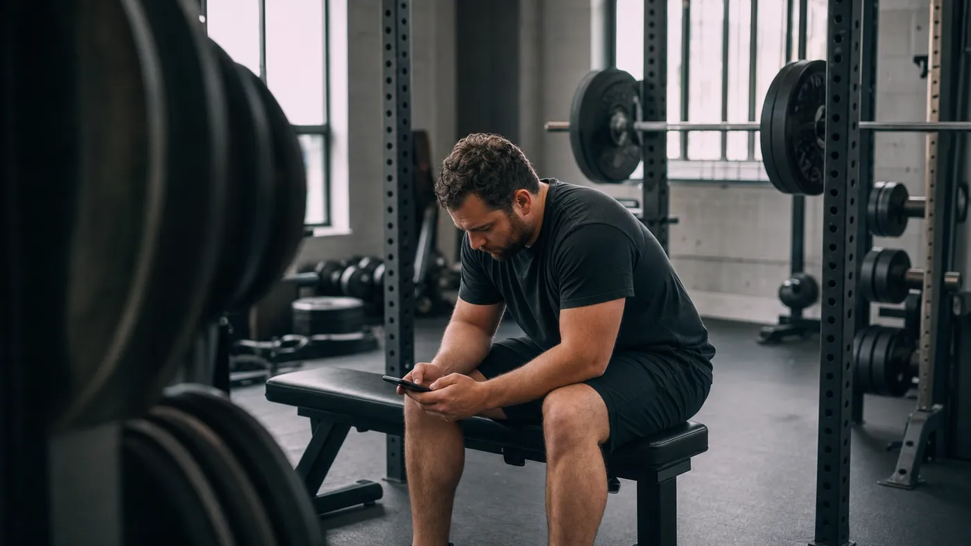 Man sitting on a gym bench checking his phone between sets beside a power rack