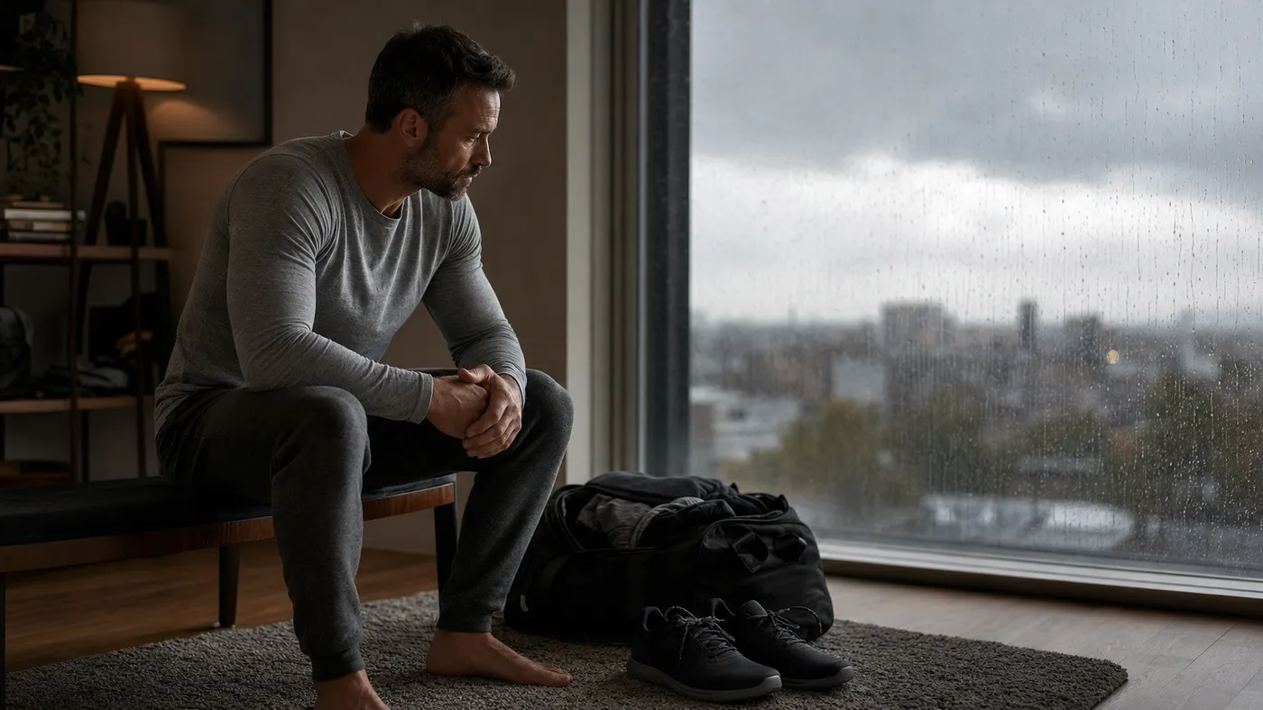 Man in comfortable clothes considering a gym bag and training shoes beside a rain-streaked window