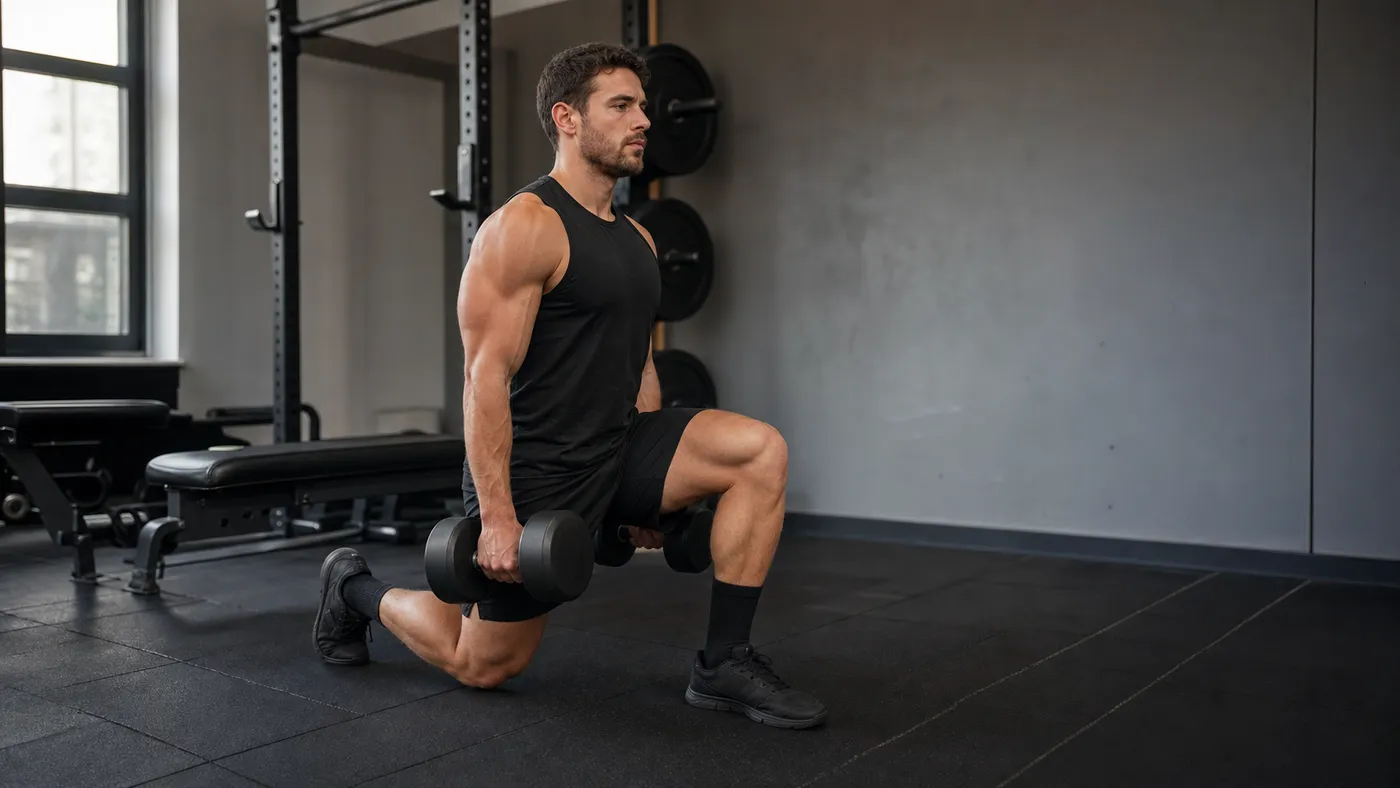 A man performing a deep dumbbell split squat with controlled range of motion in a quiet gym