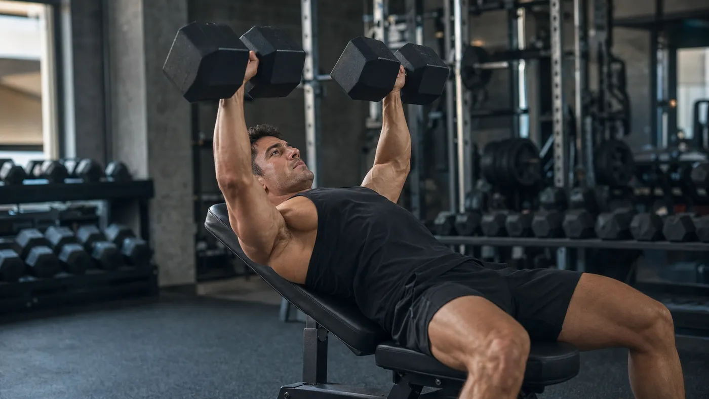 A muscular man completing a controlled incline dumbbell press repetition in a commercial gym