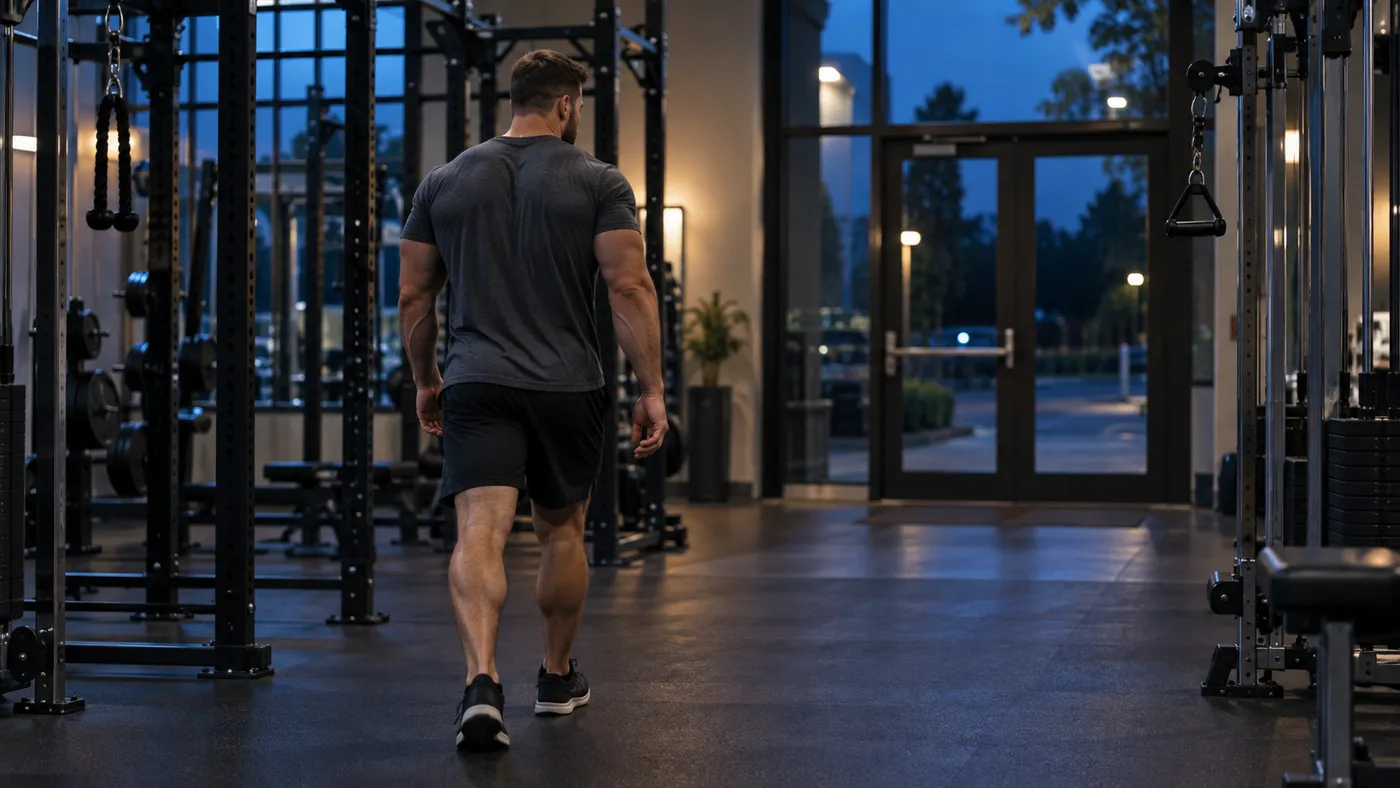 Man walking toward a quiet gym exit after an evening strength session