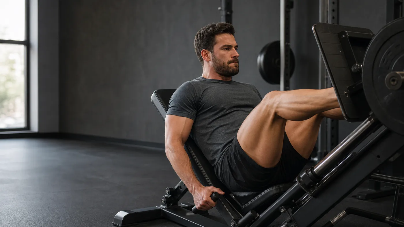 A man performing controlled leg press repetitions in a quiet gym