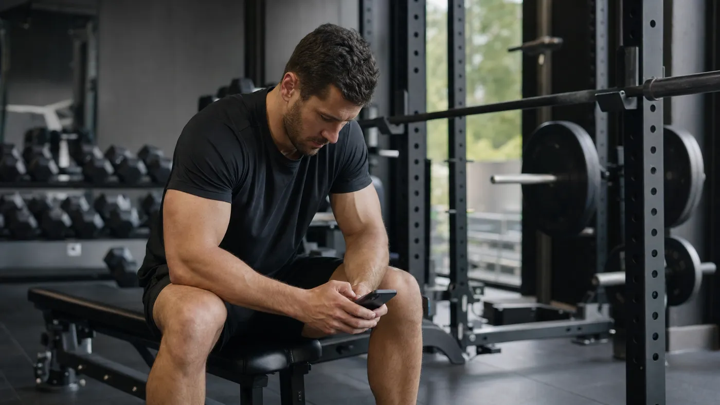 A lifter sitting on a gym bench logging a workout on his phone between sets
