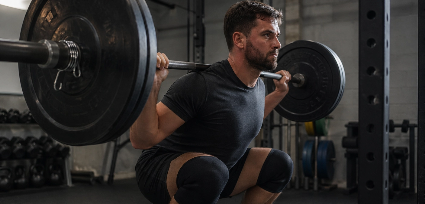 Lifter performing a barbell back squat — pushing through a strength plateau