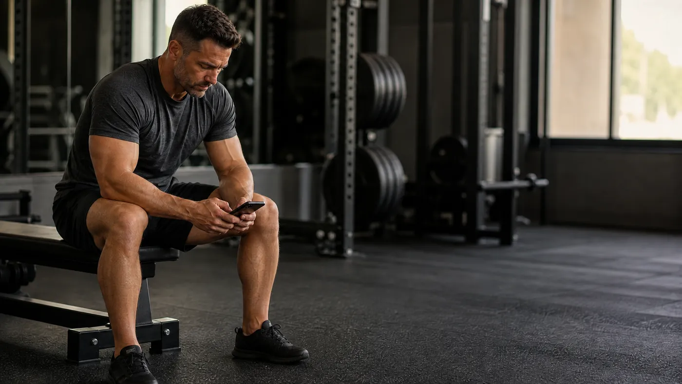 Man reviewing his workout plan on a bench before training in a quiet gym