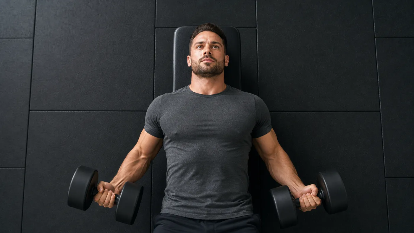 A muscular man preparing for a dumbbell chest press on a flat bench, photographed from directly overhead
