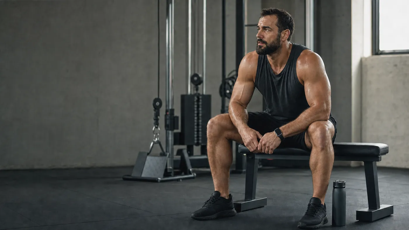 Muscular man resting on a gym bench beside a water bottle after a hard cable-row set