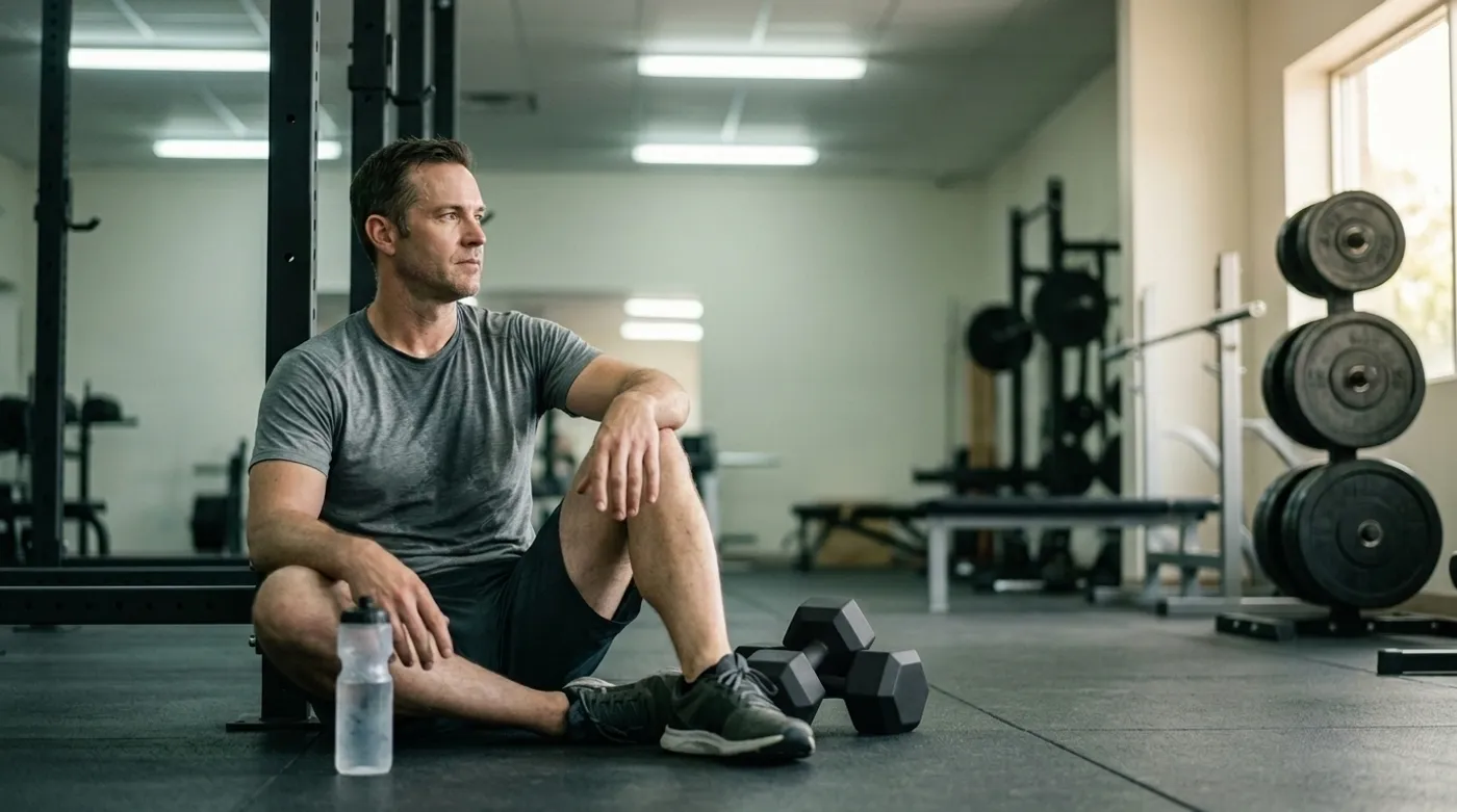 Man resting on the gym floor after a hard workout, with plain dumbbells nearby