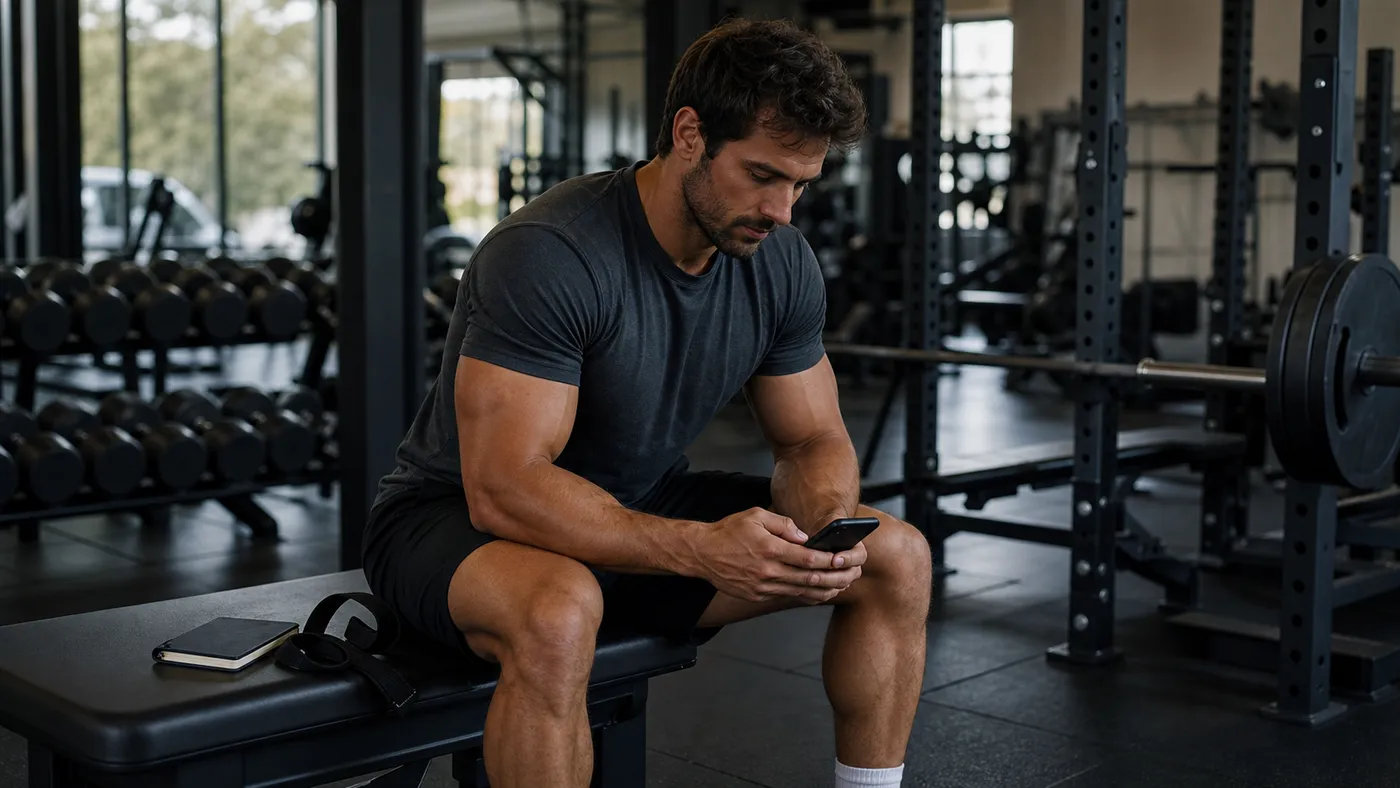 A muscular man sitting on a gym bench checking his phone beside a notebook and lifting straps