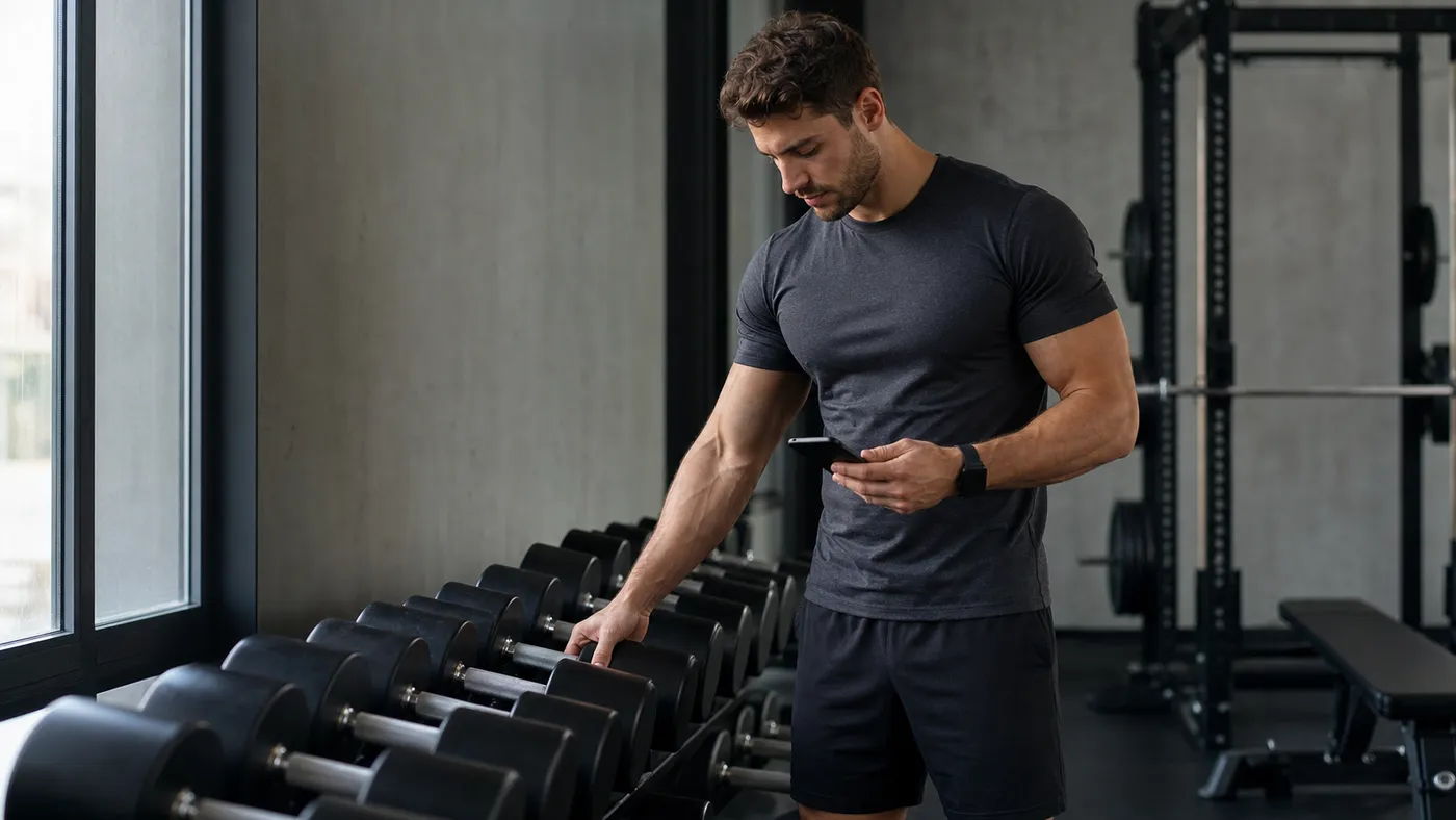 Muscular man choosing a dumbbell while checking his phone beside a rack in a quiet gym