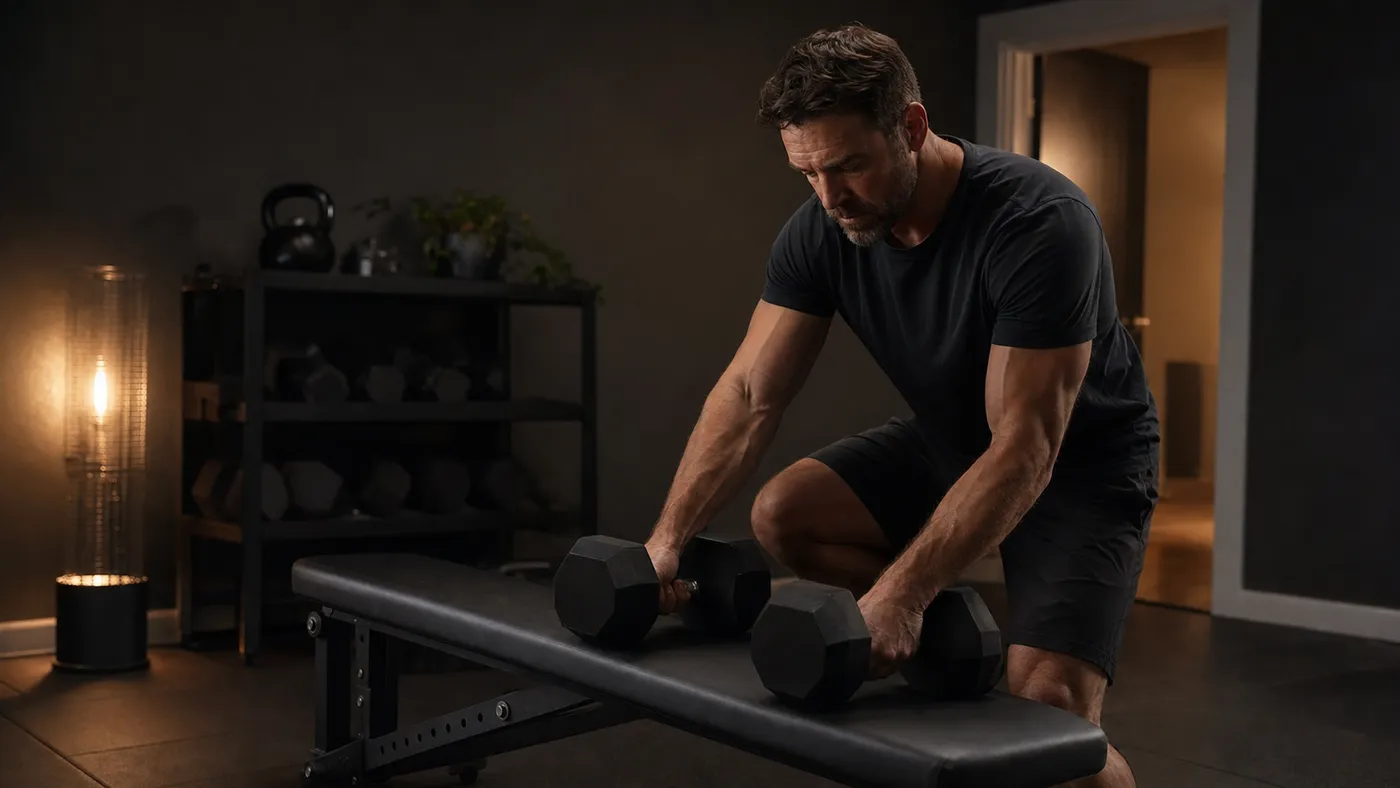 Man setting up dumbbells in a home gym at night