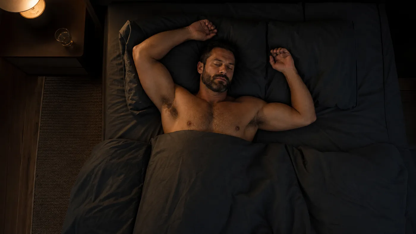 Top-down view of a muscular man sleeping under a dark blanket in a softly lamp-lit bedroom