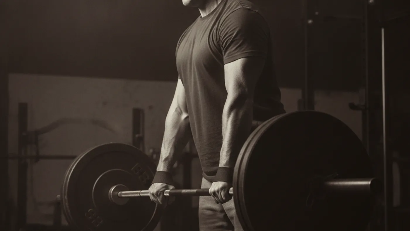 A lifter using plain black lifting straps on a loaded barbell in a dark gym before a heavy pull