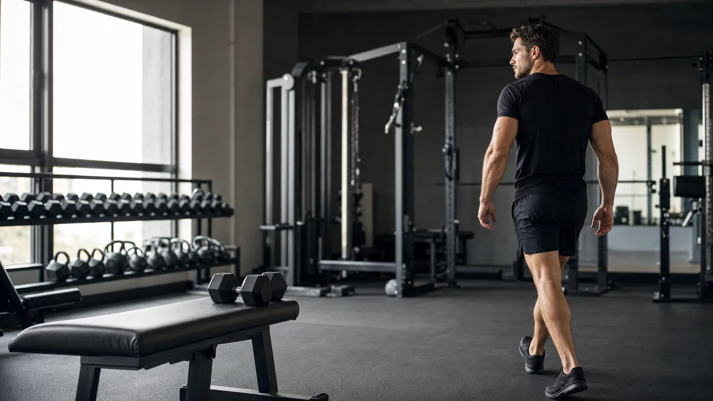 A man walking from a dumbbell bench toward a cable station in a quiet gym