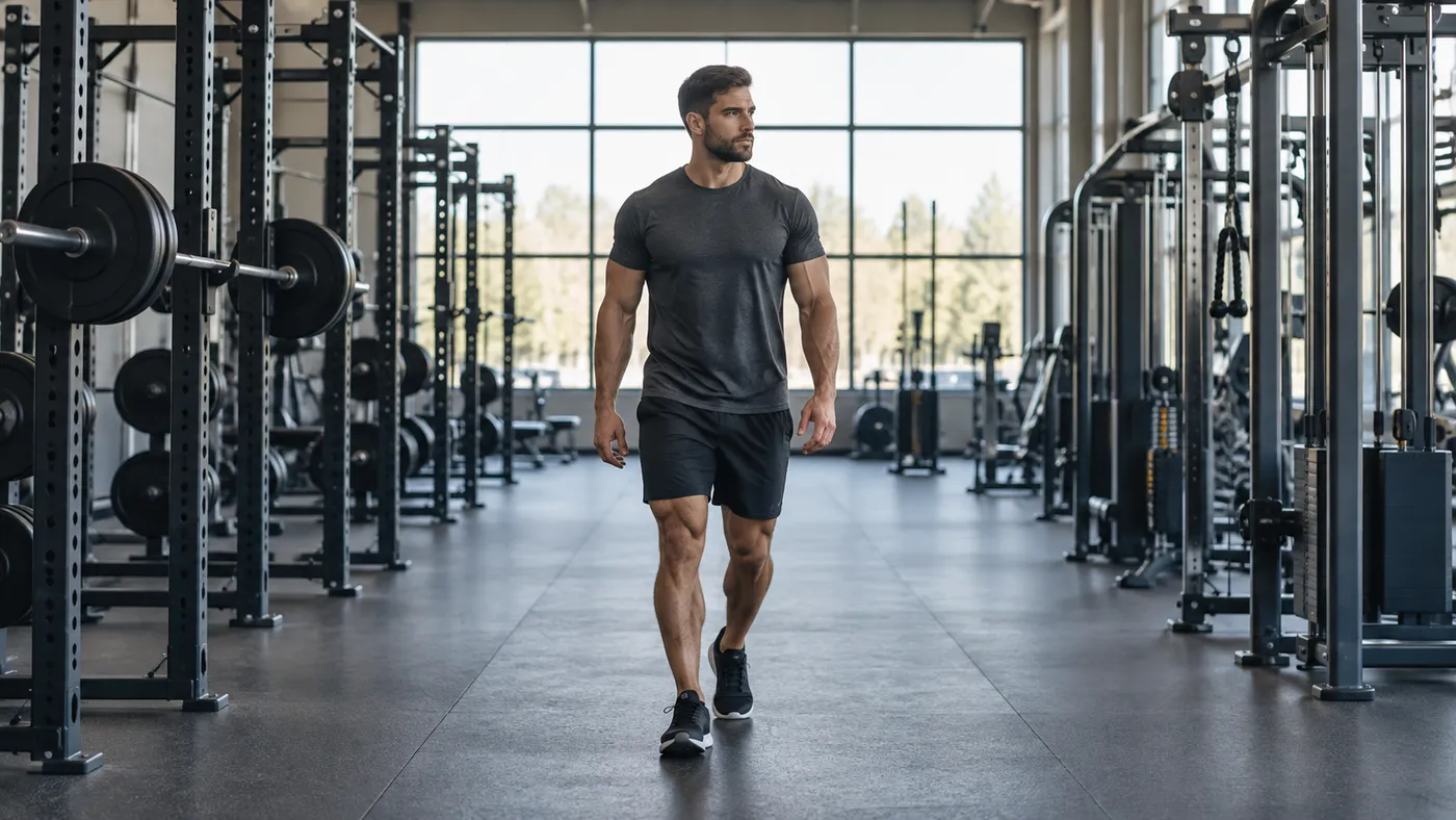 Muscular man walking between a barbell rack and cable stations in a quiet gym