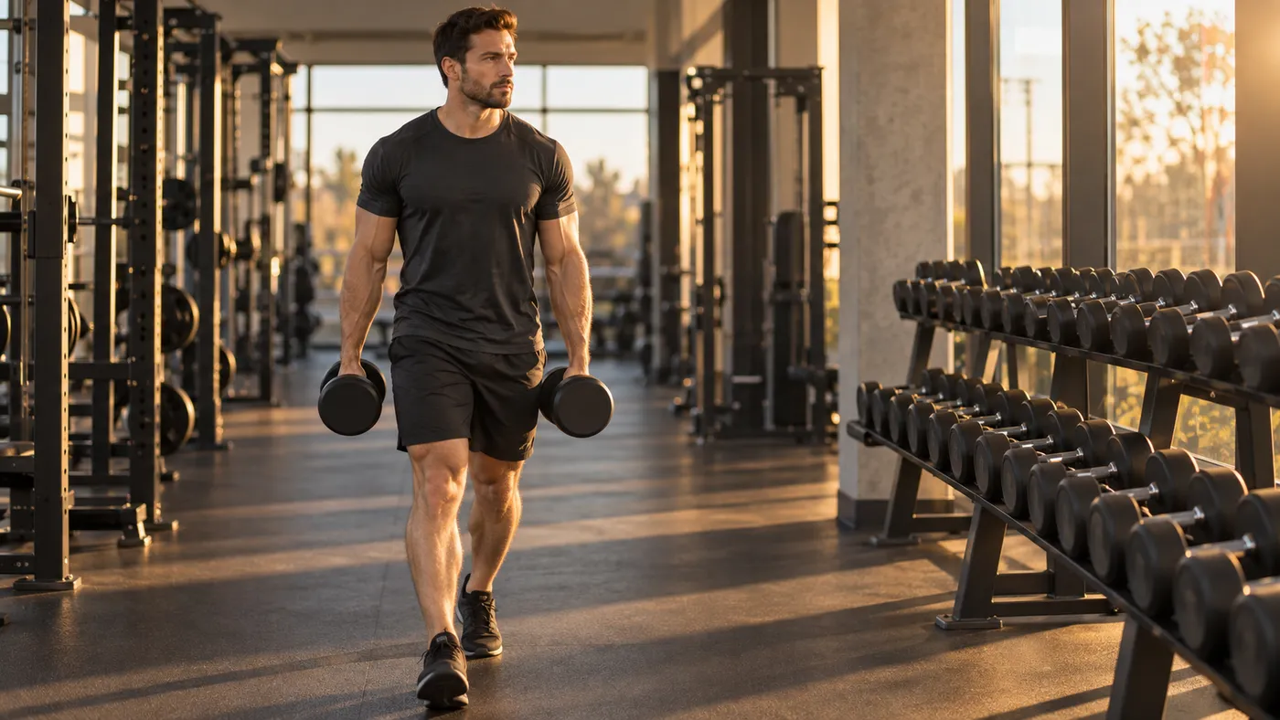Man carrying two unmarked dumbbells beside a dumbbell rack in a sunlit gym
