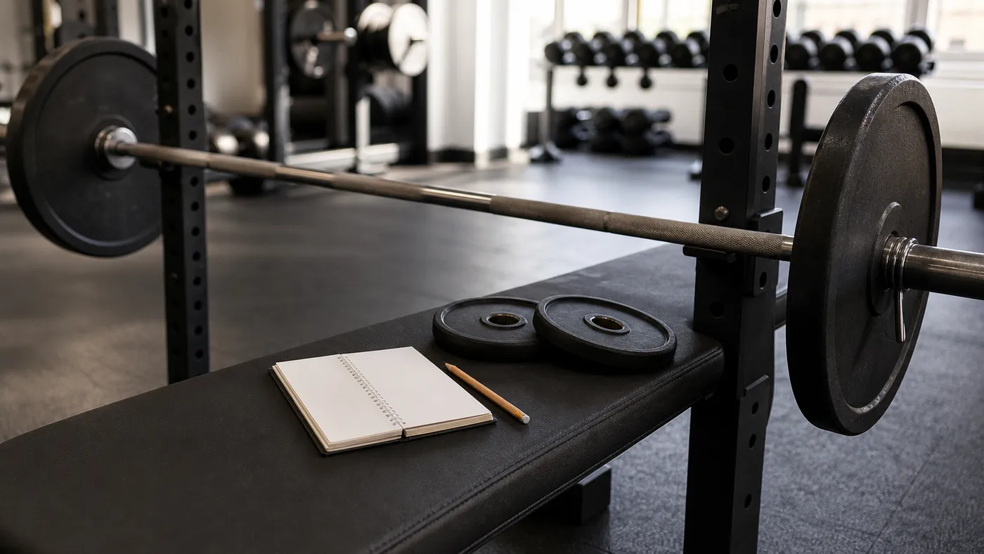 Moderately loaded barbell with small plates, a blank training log, and a pencil on a gym bench